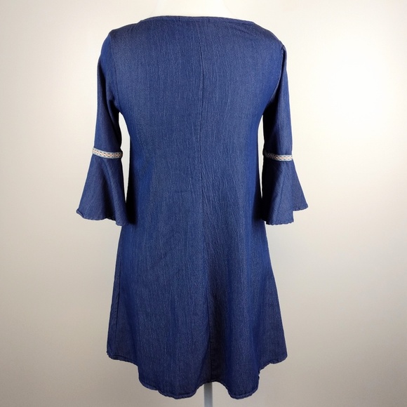Anthropologie Naïf Chambray Dress Bell Sleeve with Embroidery - Picture 4 of 6